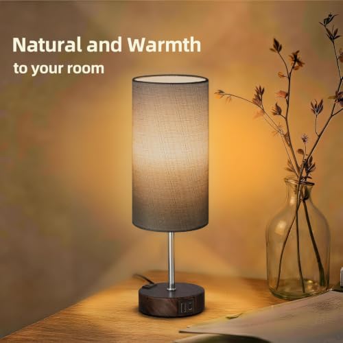 Image of Table Lamp, Dimmable Touch, AC Outlet, USB A+C (Grey&Walnut)