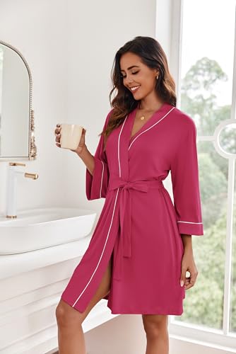 Image of Ekouaer Women Kimono Robes Knee Length Knit Bathrobe Lightweight Soft Sleepwear V-neck Casual Ladies Loungewear