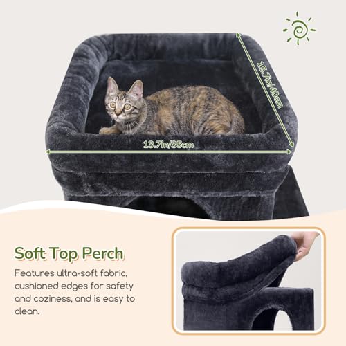 Image of Globlazer Heavy Duty Cat Tree for Indoor Cats Large Adult, F52B, Dark Grey | 3 Condos, Extra-Large Baseboard, Removable Top Perch, 4 Sisal Posts & Board, Hanging Basket, Anti-Topple Strap, Easy Setup