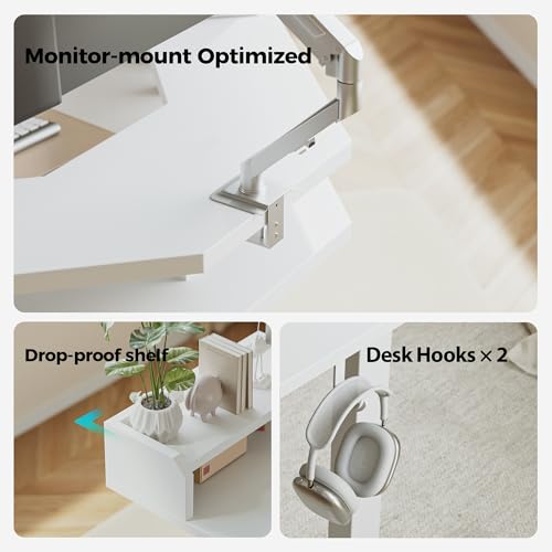 Image of Agilestic L Shaped Standing Desk, Adjustable Height Corner Gaming Desk with Shelf, Sit Stand Up Desk, 63 x 55 Inch Home Office Computer Table, White
