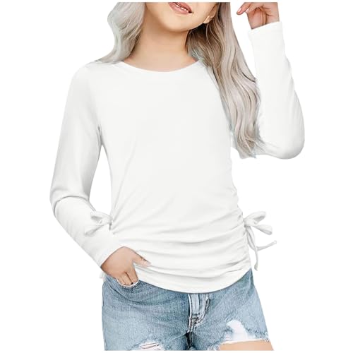 Girls Long Sleeve Shirts Ruched Knot Side Tunic Blouse Tee Tops Fashion Summer Crewneck Slim T Shirts for Tween Kids