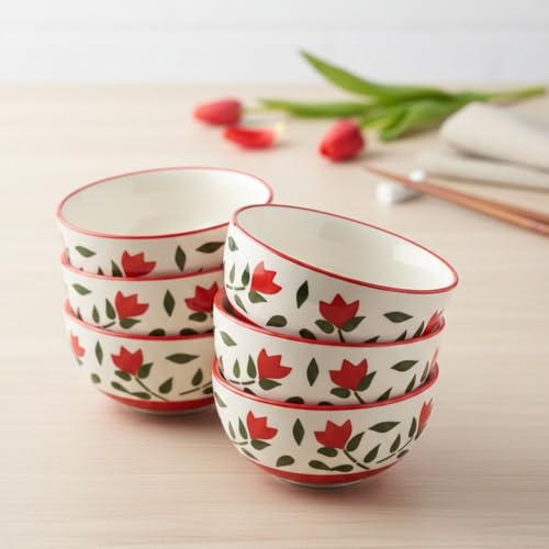 Image of Freakway Ceramic Tulip Small Bowls, 180ml Capacity, 4.1 inch Diameter Mini Dessert & Snack Bowls with Red Floral Design, Microwave & Dishwasher Safe Porcelain, Set of 6