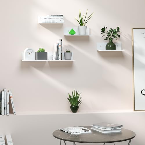 Image of Hexsohoma 9 Inches White Floating Shelves, Acrylic Wall Shelves for Living Room, Bedroom, Bathroom, Kitchen, Office, Brand Store, Retails, Gaming Room, 4 Pack