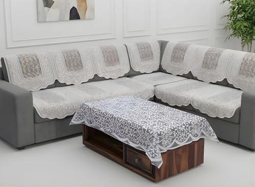 Image of Fab Nation Sofa Cover L Shape 7 Seater with Corner L Type Fully Covered Sofa Set for Living Room | Cotton Sofa Slipcovers for 4 + 3 Seaters Cover with 1 Table Cover | Silver