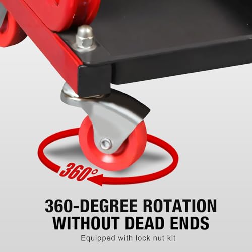 Image of Big RED Rolling Mechanic Stool | 360 swivel casters; 250-lb steel frame; 3-zone tool tray; 14 inch waterproof padded seat; for garages, auto shops & DIY