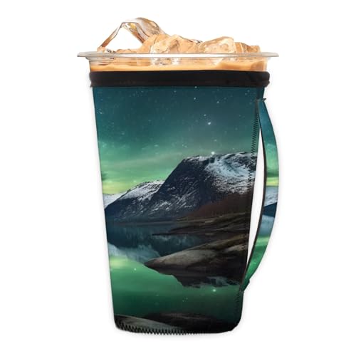 Beautiful Aurora Borealis Reusable Neoprene Coffee Sleeve with Handle Insulated Iced Coffee Cup Holder Reduces Condensation Fits 24-28 oz Cups M