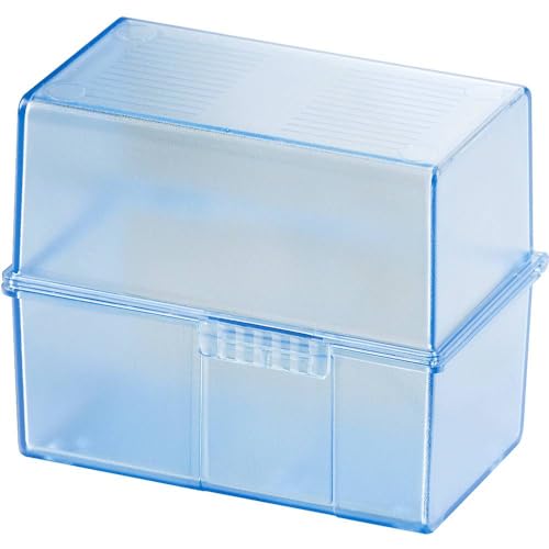 ideaco (????) HAN 979-64, Card index box A8 landscape. Innovative, attractive design for 200 cards with steel hinge, supplied with 100 record cards and A-Z guide cards, translucent blue