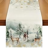 Camino de Mesa Navideño, 33x183cm Camino de Mesa de Lino Navideño,Adornos Navideños Mesa de Granja para decoración navideña, Cena Familiar, Fiesta navideña (E)