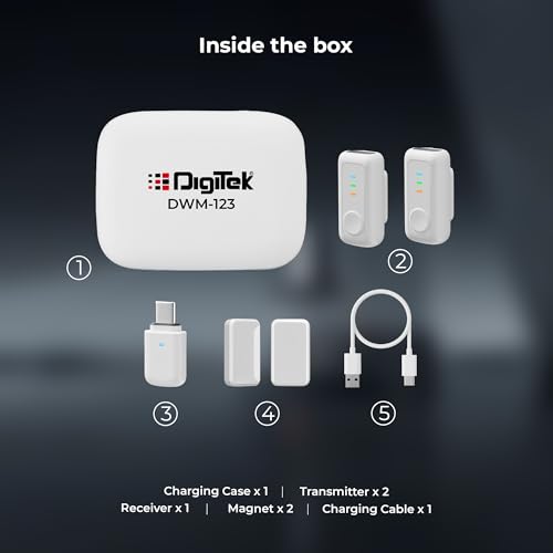 Image of Digitek (DWM 123 2-in-1 Wireless Microphone System with Charging Case & Magnetic Collar Clip, Type-C Receiver for iPhone 15 & Above, Android Phones, 60m Range, Build in Microphone, (White)