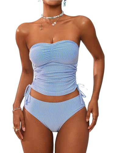 ZAFUL Women's Bandeau Tankini Swimsuit Asymmetrical Slit Bowknot String High Cut Fairyland Cheeky Bathing Suit(6-Stripe-Blue, M)