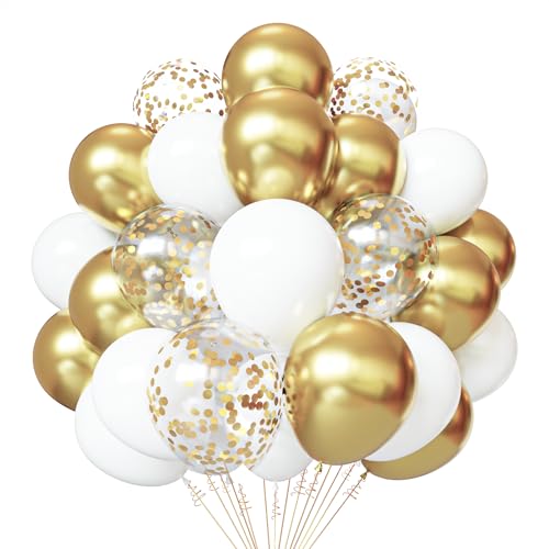 White and Gold Confetti Latex Balloons 50 Pack 12 inch gold and white Party Balloons with Ribbons for Birthday Graduation Wedding Bridal Shower Party Decoration