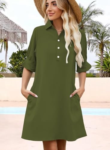 Image of Womens Summer Shirt Mini Dresses 2026 Beach | Flowy Shift Dress, Button V Neck, Polo Collar, Ruffle Short Sleeve, Floral Boho Style, Casual Vacation Outfits with Pockets