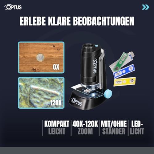 Optus Taschenmikroskop mit LED Beleuchtung, 40x-120x Vergrößerung, Standfuß & Objektklemmen - Kompaktes Handmikroskop für Unterwegs, Batteriebetrieben