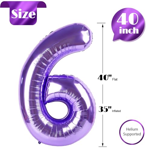 Image of Purple Number 6 Balloon 40 Inch, 6th Birthday Party Decorations, Giant 6 Foil Balloon for Party Supplies