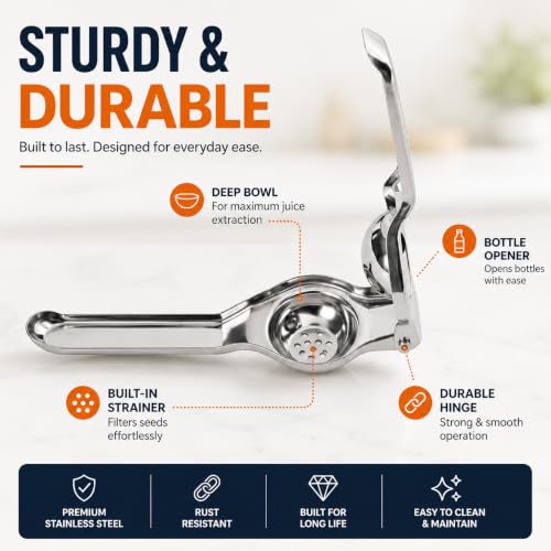 Image of Clazkit Hand Press Lemon Squeezer with Bottle Opener | Multipurpose Citrus Juicer | Manual Fruit Extractor | Strong, Lightweight & Easy to Clean