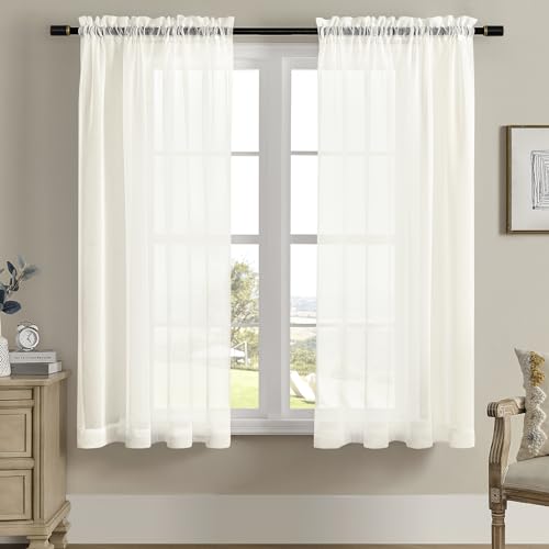 Image of Sheer White Curtains, Sheer Curtains 63 inch Length 2 Panels Set, Rod Pocket Voile Fimly Sheer Drapes for Living Room /Bedroom, Light Filtering Curtain for Small Window 2pcs, Each 52 inch W x 63 inch L