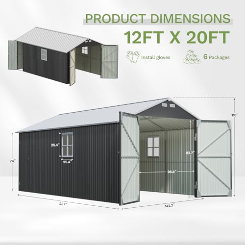 Image of Greesum 12x20FT Metal Carport with Walk-in Side Door, All Weather Metal Garage Shed with Window and Vent, Canopy Shelter with Heavy Duty Frame and Galvanized Roof for Cars, Boats, Tools, Black