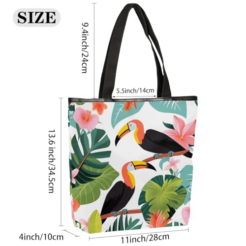 Hand Painted Parrots Leaves Canvas Tote Bag with Zipper and Pockets Canvas Tote Shopping Bag Women Reusable Grocery Bag for Beach Travel Gym Shopping2