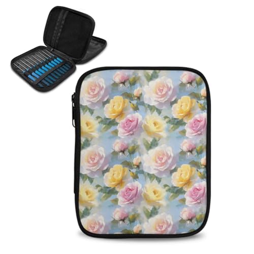 Image of Yellow Pink Rose Crochet Hook Case Crochet Hook Holder Portable Storage Bag with Web Pockets Suitable for Needles /Knitting Accessories