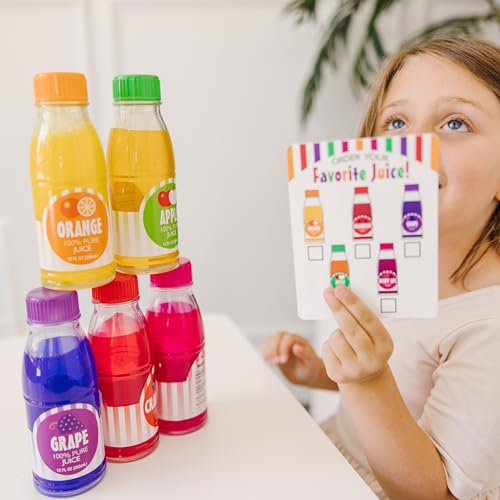 Image of Melissa & Doug Tip & Sip Toy Juice Bottles and Activity Card (6 Pcs) Pretend Play Food Set, Play Kitchen Food for Ages 3+ (Pack of 6)