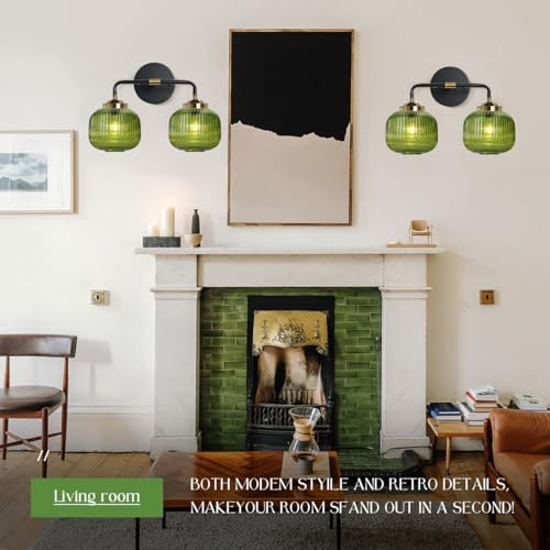 Image of 2-Lights Globe Wall Sconce Bathroom Light fixtures Vanity Lamp Mid Century Modern Wall Lights with Green Striped Glass Shade Vintage Vanity Lights for Over Mirror Hallway Overhead