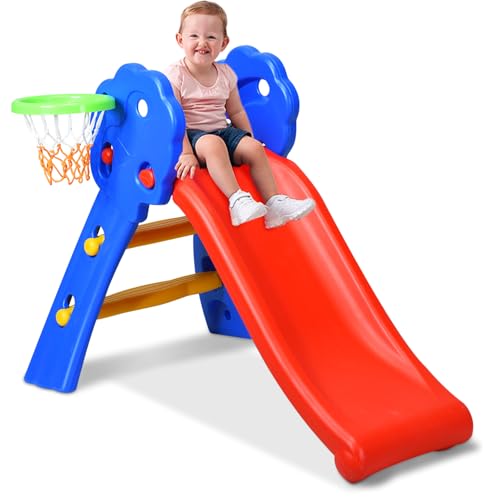 KOTEK Folding Toddler Slide for Indoor and Outdoor, Freestanding Plastic Baby Slide Climber Playset, Easy to Store, Anti-Slip Steps, Kids Playground Toy Ages 3-5 (Blue with Basketball Hoop)