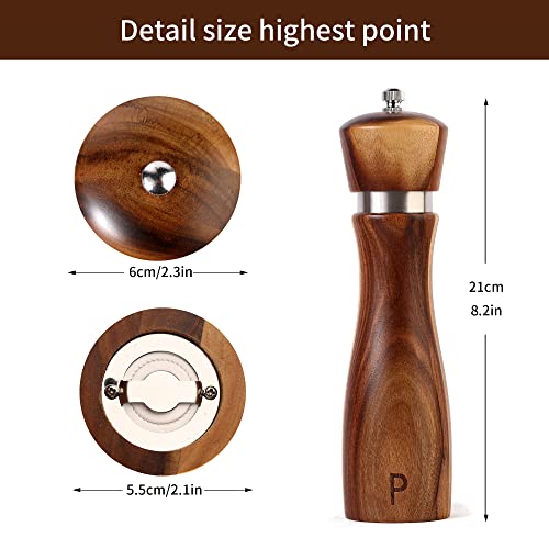 Vicenza Home Kitchen Salt And Pepper Grinder Set, Wooden Salt & Pepper Mills Set, Crafted Of Solid Acacia Wood With Stainless Steel Core, Refillable, Adjust For Customized Coarseness, 8 Inches Each #TOP3