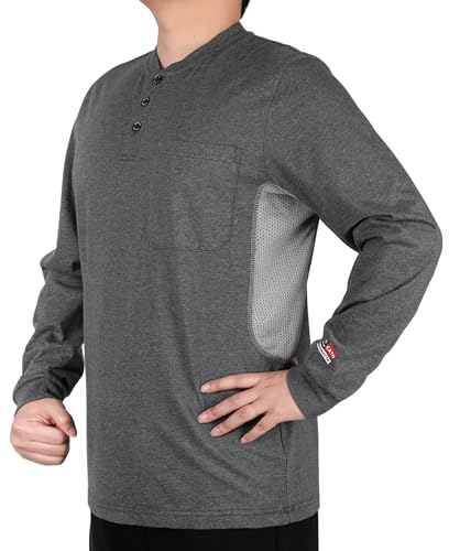 BOCOMAL FR Shirts Summer Vented Mesh Breathable Henley Shirt 5.5oz Flame Resistant CAT2 Work Clothing