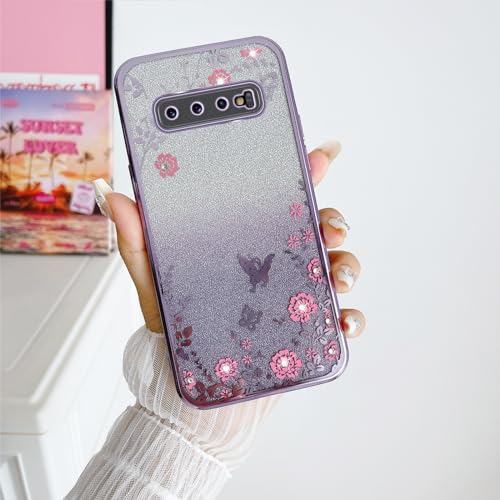 Image of for S10 Plus Case, Galaxy S10 Plus Case for Women Gradual Change Glitter Crystal Soft TPU Butterfly Floral Heart Clear Protective Cover with Strap for Samsung Galaxy S10 Plus 2019 (Purple)