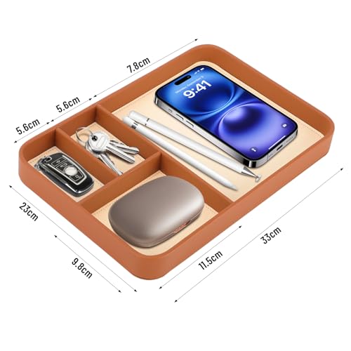 EOJDDPA Valet Tray for Men, PU Leather Desk & Nightstand Organizer - Two-Toned Catch All Tray for Keys, Wallet, Watch, Jewelry and EDC Gear (brown) by EOJDDPA - Image 6