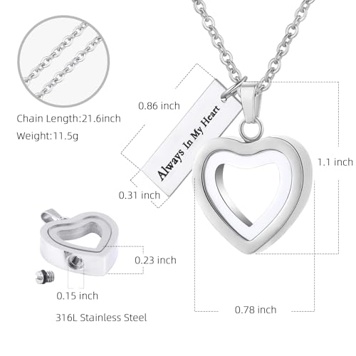 InfuMemo Urnen-Halskette aus Glas in Herzform für Asche, Edelstahl, Gedenk-Asche-Anhänger, Andenken, Schmuck, Einäscherungsschmuck für Frauen, Edelstahl