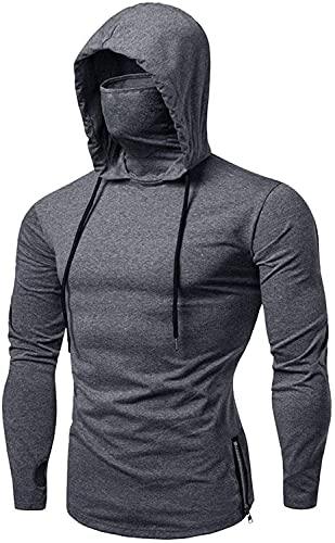 Mens Gym Thin Hoodie Long Sleeve Hoodies with Mask Sweatshirt Hooded Tops (Color : Grey, Size : Large)