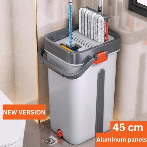 Image of Mop Bucket Heavy Quality Floor Mopp with Bucket, Aluminium pad,Flexible Kitchen tap Flat Squeeze Cleaning Supplies 360 Flexible Mopp Head /2 Reusable Pads Clean Home Floor Home Effective F3