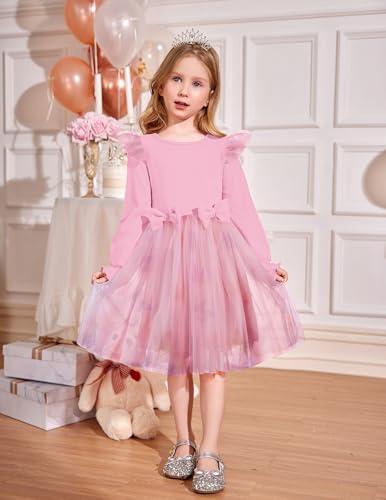 Image of Arshiner Toddler Girls Tulle Dresses with Bow Tie Fall Winter Long Sleeve Formal Party Dress 1-7 Y