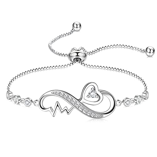 Image of KRFY 925 Sterling Silver Infinity Bracelets for Women Girls Endless Love Symbol Infinity Bracelet White Gold Plated Sparkle Cubic Zirconia Adjustable Silver Bracelets Best Mother's Day Gifts for Mom