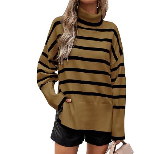 Pull oversize femme col roulé tricot rayé manches longues vêtement automne DGKaxiyaHM