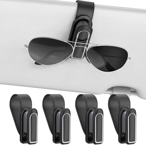 Image of Veharvim Sunglass Holder for Car (2 Pack, One-Handed Operation, Gentle & Secure Hold, Silicone Padded, Universal Fits Sunglass and Car Visor) - Sunglasses Clip for Car Visor (Black & Silver, 4 Pack)