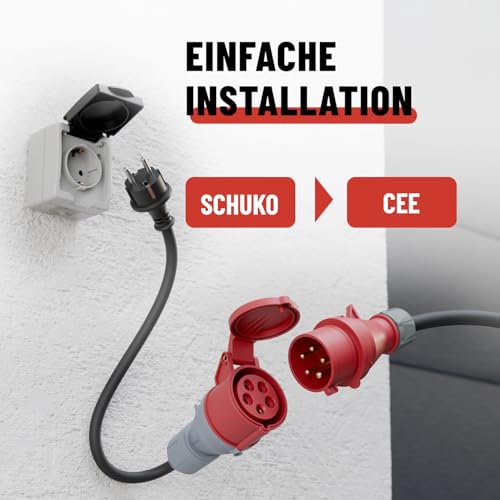 ABSINA Adapter Schuko Stecker auf CEE Kupplung 16A - Schuko auf CEE als Elektroauto Zubehör - Schuko auf CEE 16A 5-polig mit 60 cm Kabellänge & IP44 Schutz - Adapter 230V