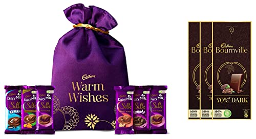 Image of Cadbury Silk Potli Pack, 343g & Bournville Rich Cocoa 70% Dark Chocolate Bar, 3 x 80 g