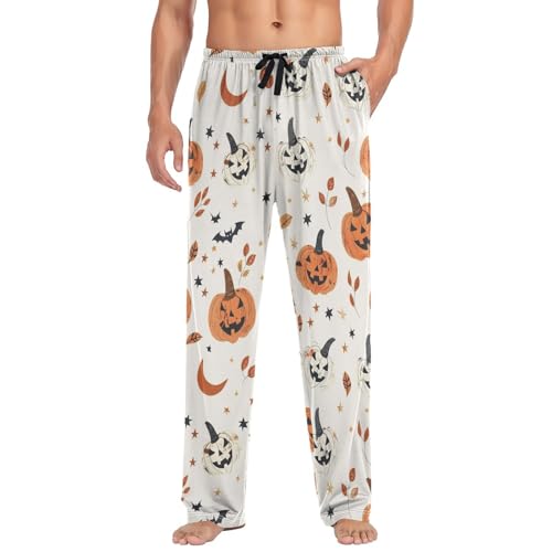 Mens Pajama Pants Halloween Pumpkins Leaves Star Moon Soft Lounge Sleep Pj Bottoms with Drawstring Pockets