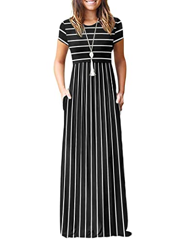 Image of MISFAY Women's Short Sleeve Maxi Dresses Long Casual Dresses with Pockets | Empire Elastic Waist, Crew Neck, Floor Length, Strentchy Flowy A Line Fit, Loose Plain Summer Outfits, Vacation Wear