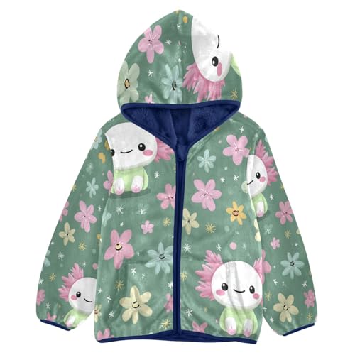 Floral Axolotl on Green Toddler Fleece Jacket Girl Boys Hooded Fleece Jacket Coat Warm Outwear Zip-up 3-10T