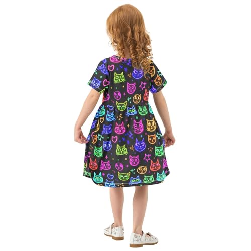 Neon Cat Starry Black Girls Summer Dress Toddler Casual Dresses Girl Short Sleeve Dress for Girls,2T3
