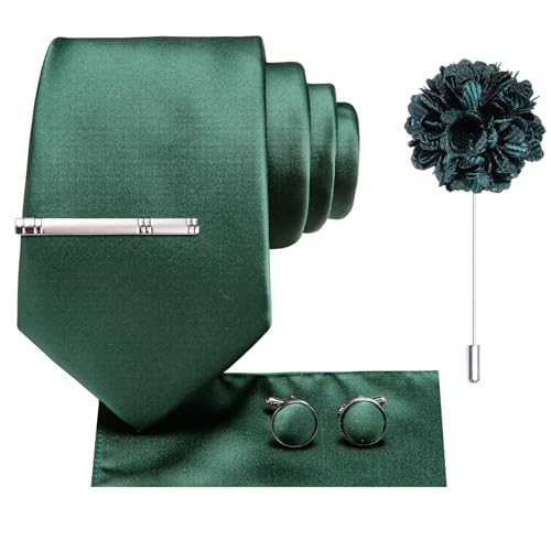 Image of Hi-Tie Silk Solid Color Dark Green Men Neckties Classic Tie and Pocket Square Lapel Pin Silver Tie Clip Cufflinks Set Wedding Business 6PCS