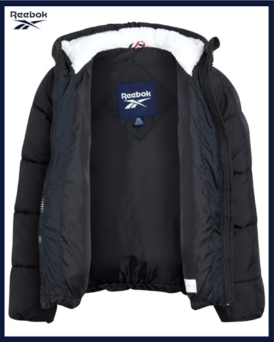 Image of Reebok Girls Heavyweight Poly Taffeta Puffer Jacket with Sherpa Hood | Insulated Quilting Locks in Warmth, Zip-Up Closure, Secure Pockets for Gloves, Cozy Protection for Cold-Weather Play