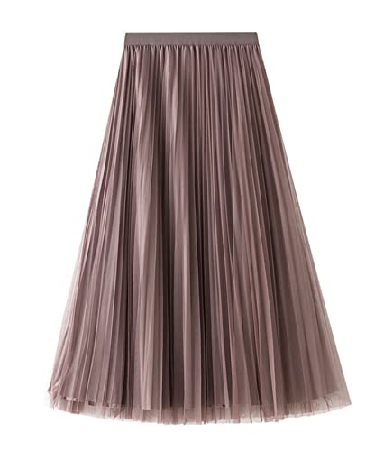 Easyoyo Saia feminina reversível de tule, saia rodada, malha de tule, midi, saia maxi plissada, Caqu