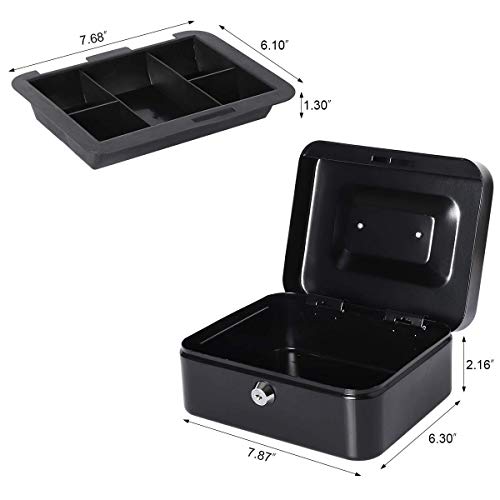 Small Cash Box With Money Tray And Lock, Lovndi Metal Money Box For Cash, Lockbox 7.87X 6.30X 3.54 Inches, Black #TOP5