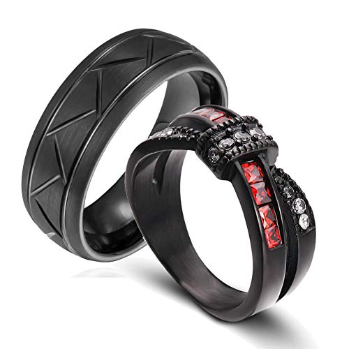wedding ring set Two Rings His Hers Couples Matching Rings Women's Black Gold Filled Red CZ Wedding Engagement Ring Bridal Sets Men's Stainless Steel Wedding Band