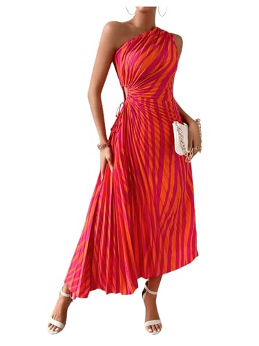 MakeMeChic Women's Casual Striped Cut Out One Shoulder Sleeveless High Waist Summer A Line Maxi Dresses Striped Orange Small