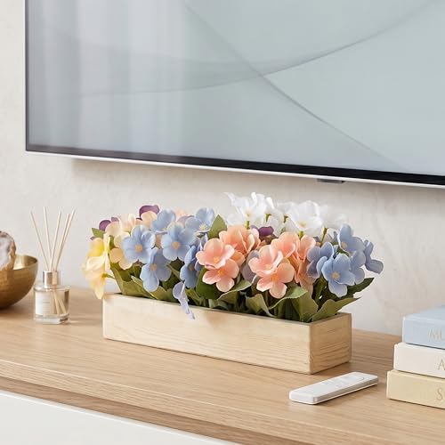 Image of Dekorly Artificial Hydrangea Flower Arrangement with Wooden Planter (24 CM) | Premium Realistic Floral Decor for Table & Living Room | Stylish Indoor Decor for Living Room